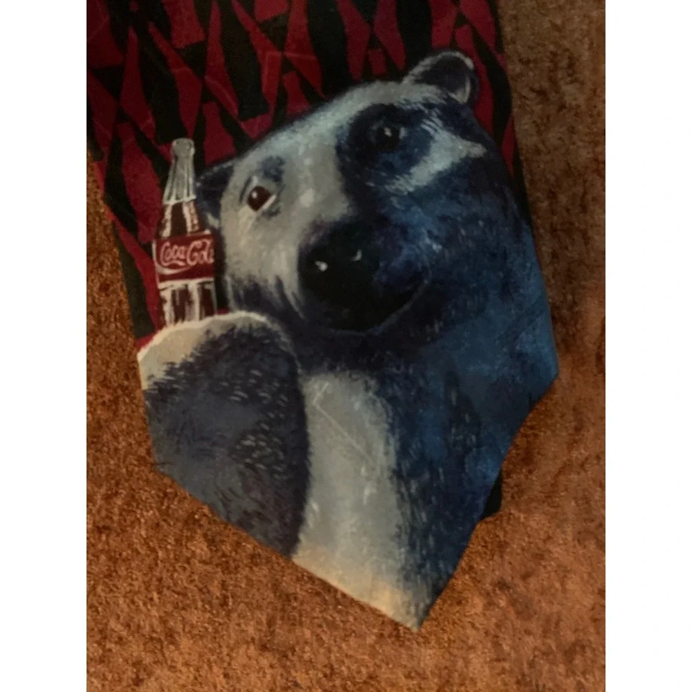 Vintage Coca-Cola Polar Bear Necktie Mens Red Black Soda Advertising Tie USA